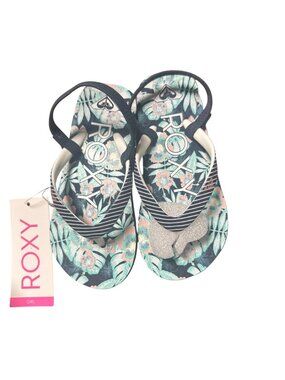 Roxy Girl Size 10 Pink Black Green Tropical Print Flip Flops Floral Summer Beach